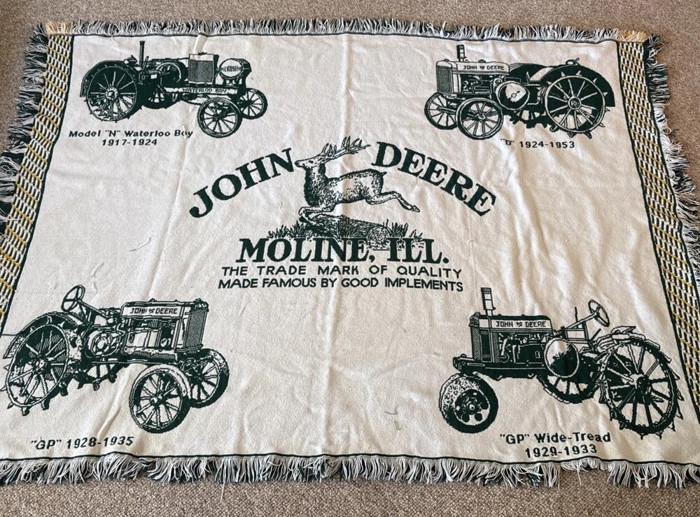 Vintage John Deere 45x60 White Green Throw Blanket Tapestry Moline, ILL Tractor